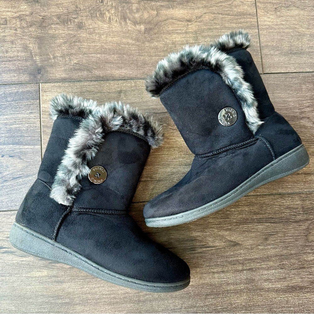 Vionic Fairfax Women's Orthaheel Black Suede Faux Fur Winter Boots - Size: 6